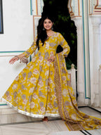 Miravan Women's Cotton Gotapatti And Lace Border Yellow Anarkali Kurta And Dupatta Set