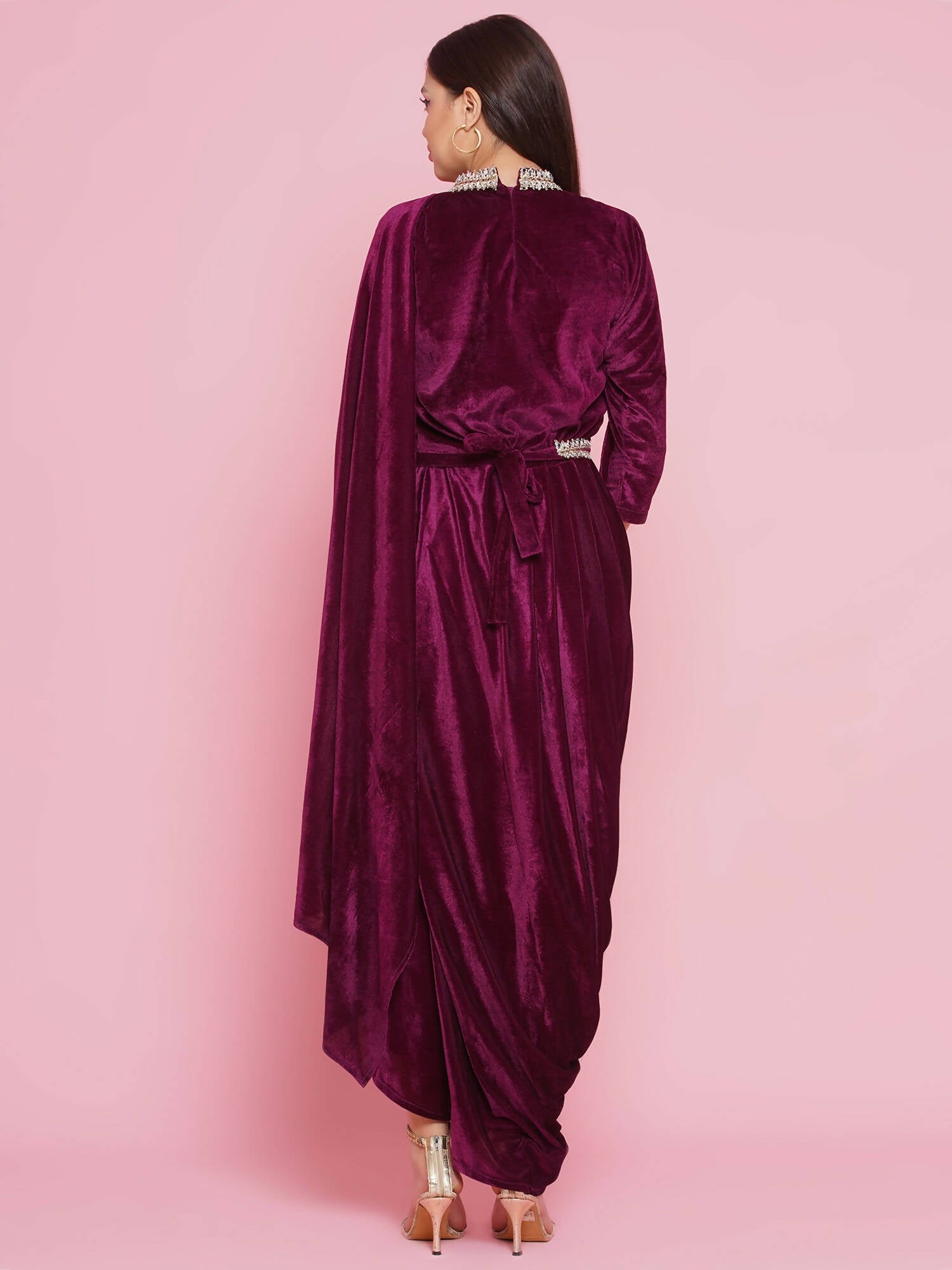 Women Republic Burgundy Velvet Kurta With Attached Neckalace,Belt And Pant - Distacart