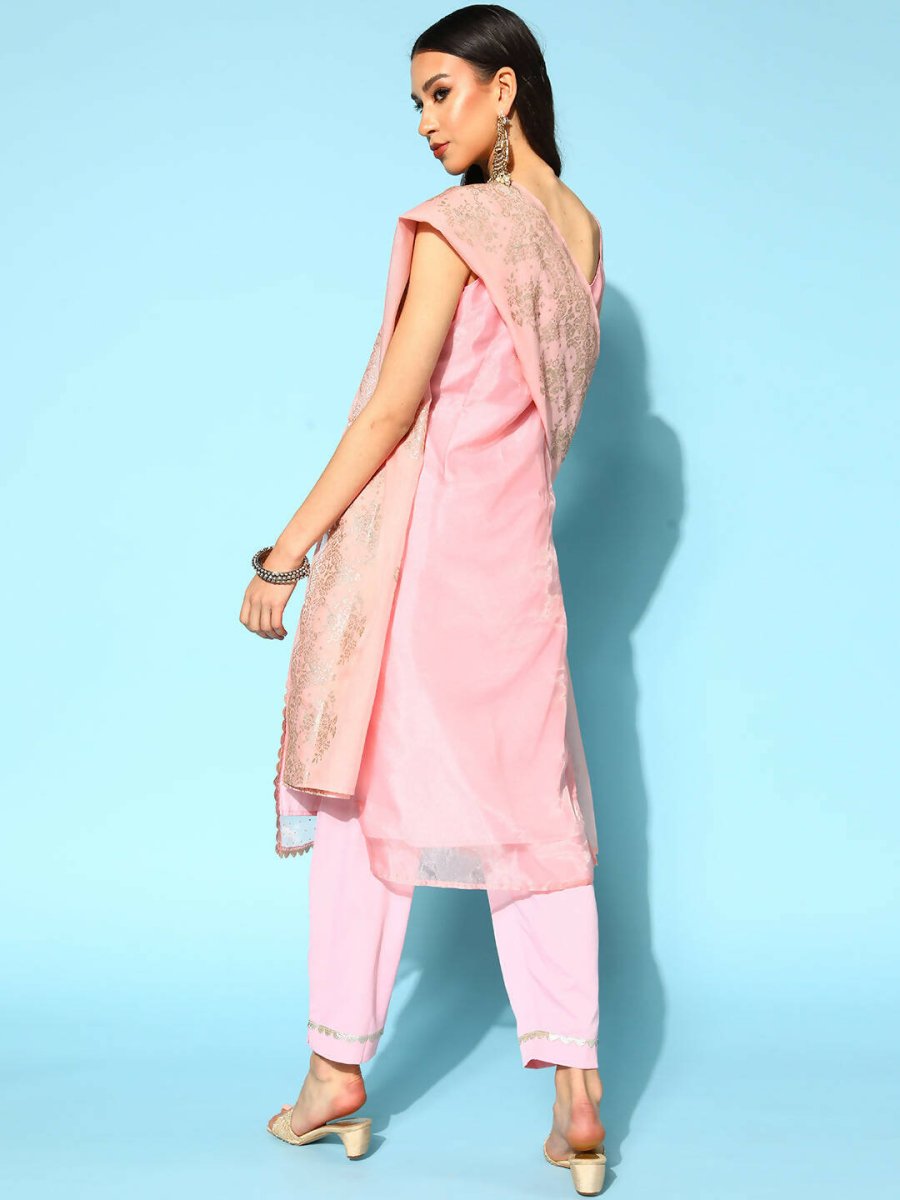 Ahalyaa Women Pastel Pink Colour Organza Glitter Printed Kurta Pant Set With Dupatta - Distacart