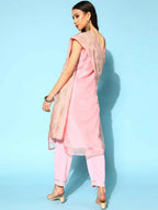 Ahalyaa Women Pastel Pink Colour Organza Glitter Printed Kurta Pant Set With Dupatta - Distacart
