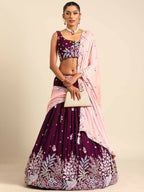 House of Panchhi Burgundy Georgette Sequins and thread embroidery Lehenga choli & Dupatta