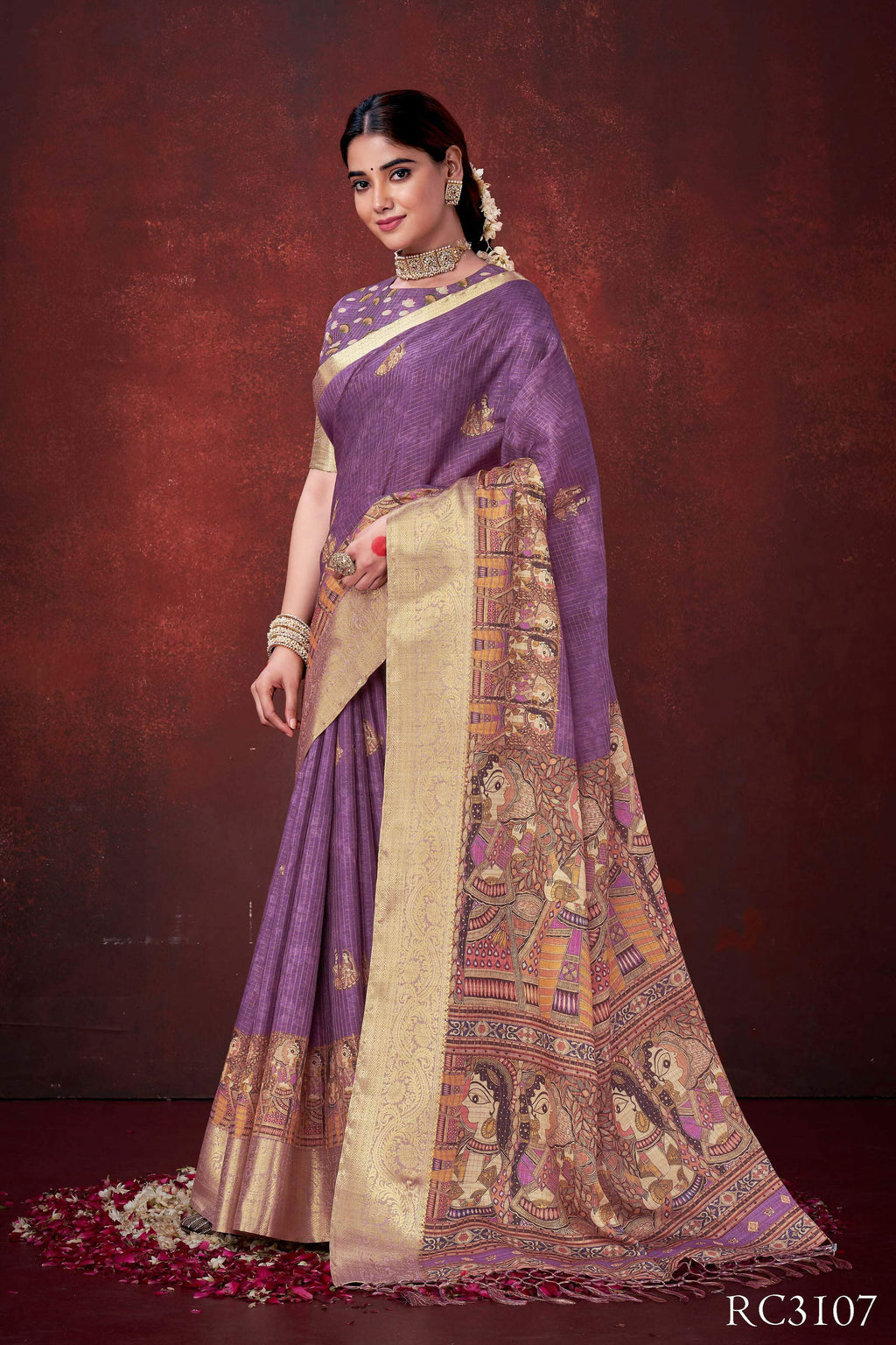 Purple Poly Habotai Silk Foil Print Saree with Unstitched Blouse - Kathari