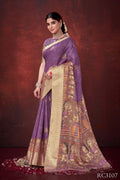 Purple Poly Habotai Silk Foil Print Saree with Unstitched Blouse - Kathari