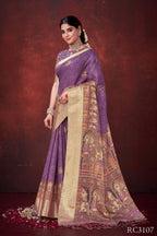 Purple Poly Habotai Silk Foil Print Saree with Unstitched Blouse - Kathari