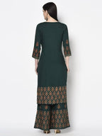Aniyah Rayon Bottle Green Color Block Print Straight Kurta Palazzo Set (AN-217K)