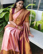 DEIANA'S Beautiful Designer Golden zari Soft Lichi Silk Saree - Peach
