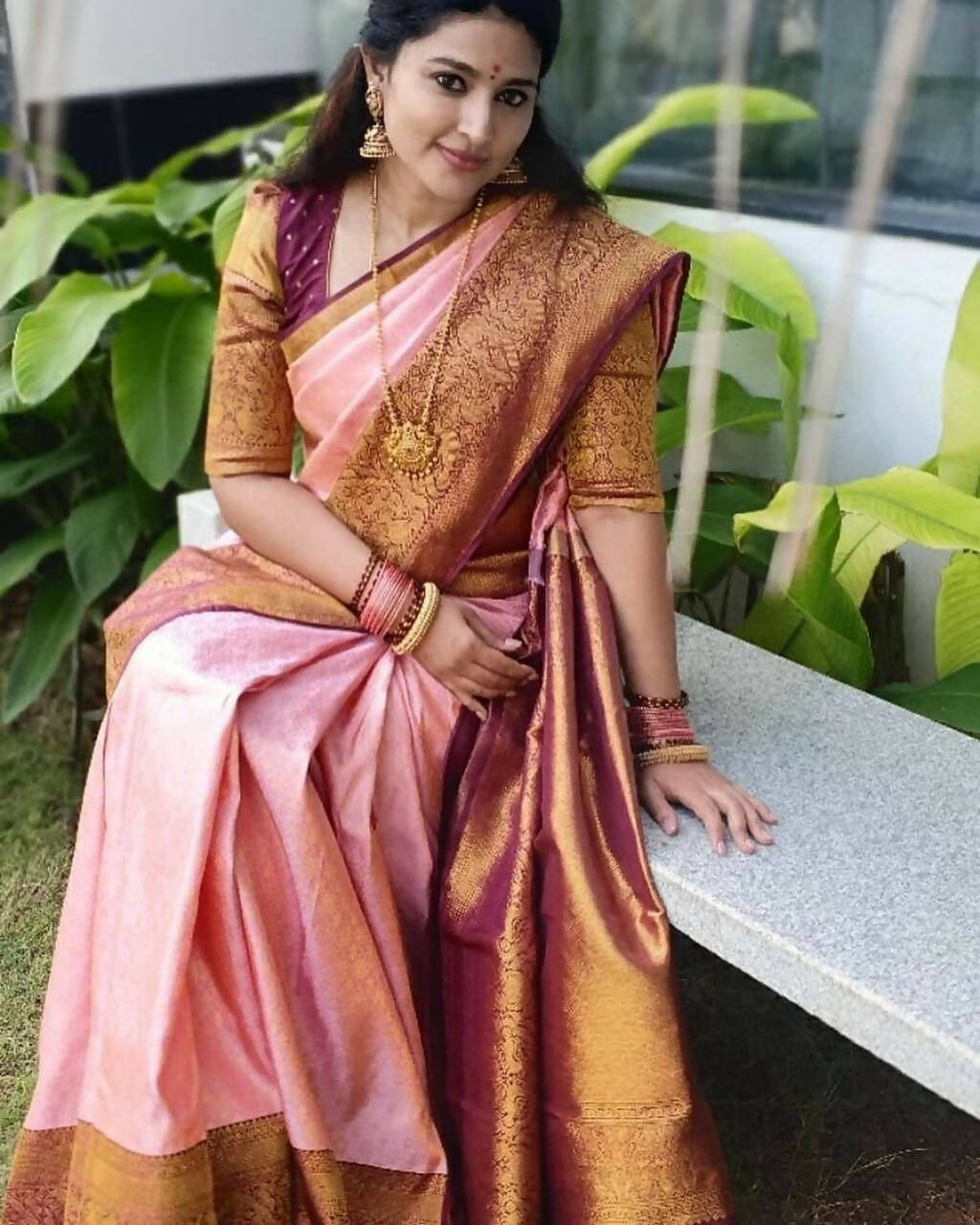 DEIANA'S Beautiful Designer Golden zari Soft Lichi Silk Saree - Peach