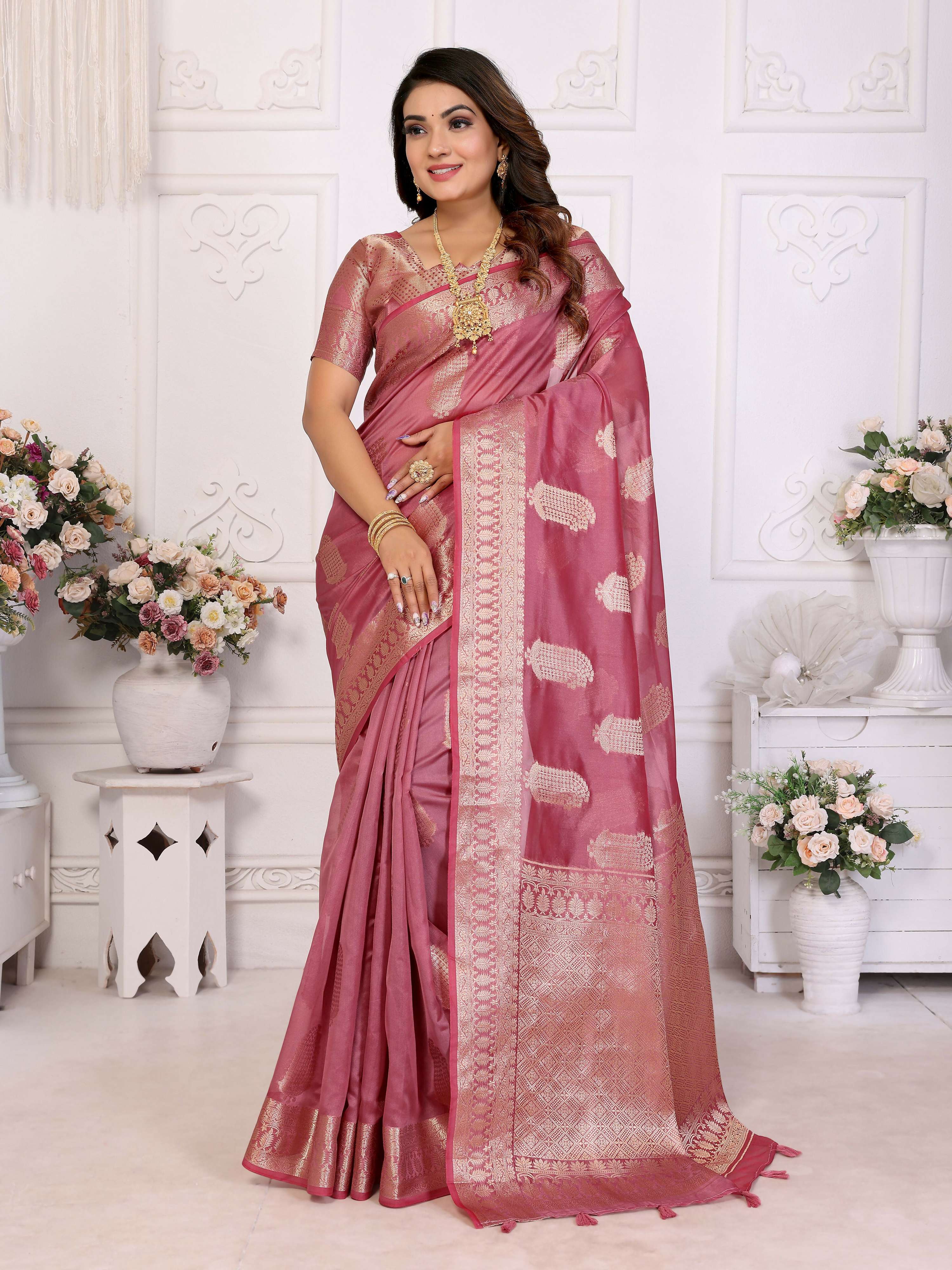 Aastha Fashion Dusty Rose Soft Organza Silk Weaving Saree - Distacart