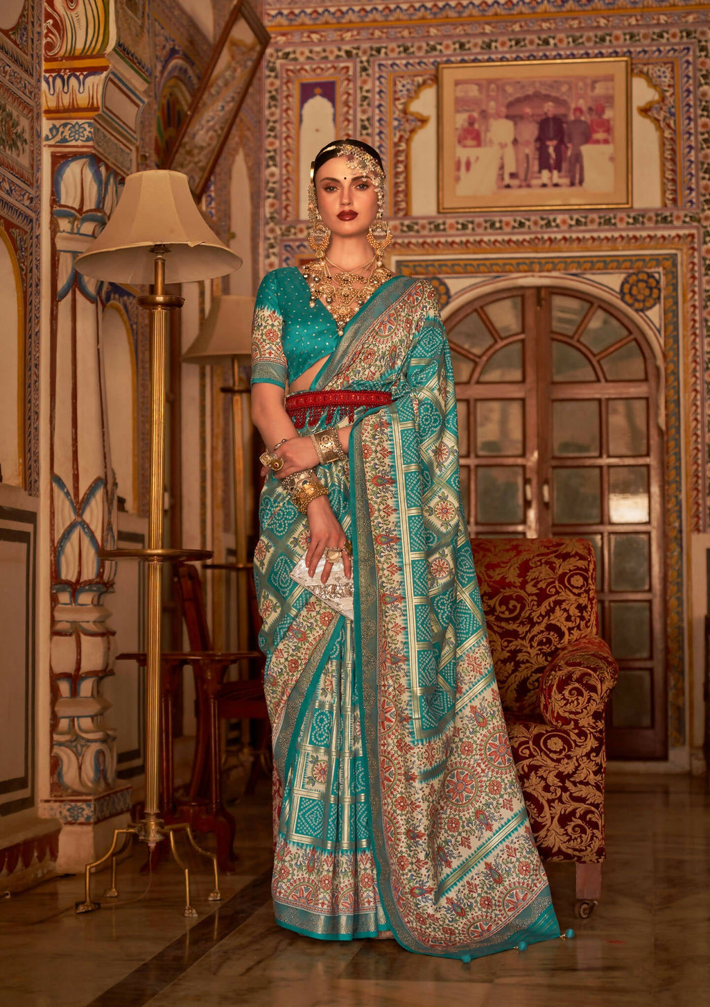 Rama Blue P V Silk Digital Print, Zari Work Printed Saree - Rewaa Parampara
