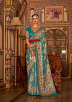 Rama Blue P V Silk Digital Print, Zari Work Printed Saree - Rewaa Parampara