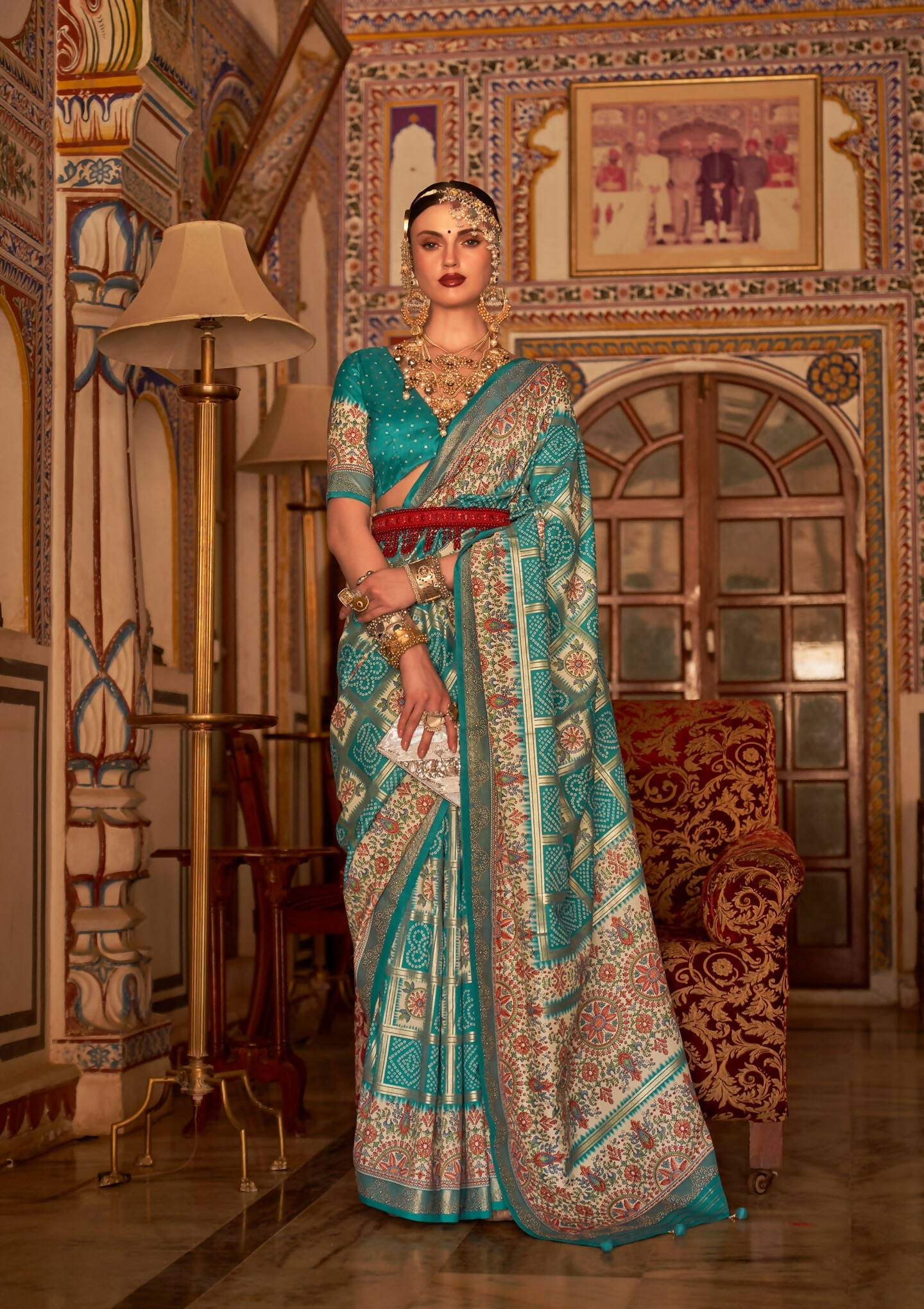 Rama Blue P V Silk Digital Print, Zari Work Printed Saree - Rewaa Parampara