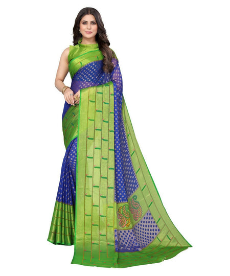 Vamika Blue Chiffon Brasso Bollywood Style Woven Saree (DIMPLE BLUE)