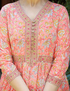 Kaajh Women's Light Orange Floral Handblock Printed Cotton Dress - Distacart