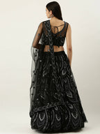 House of Panchhi Women Black Net Sequins Embroidered Lehenga & Blouse with Dupatta