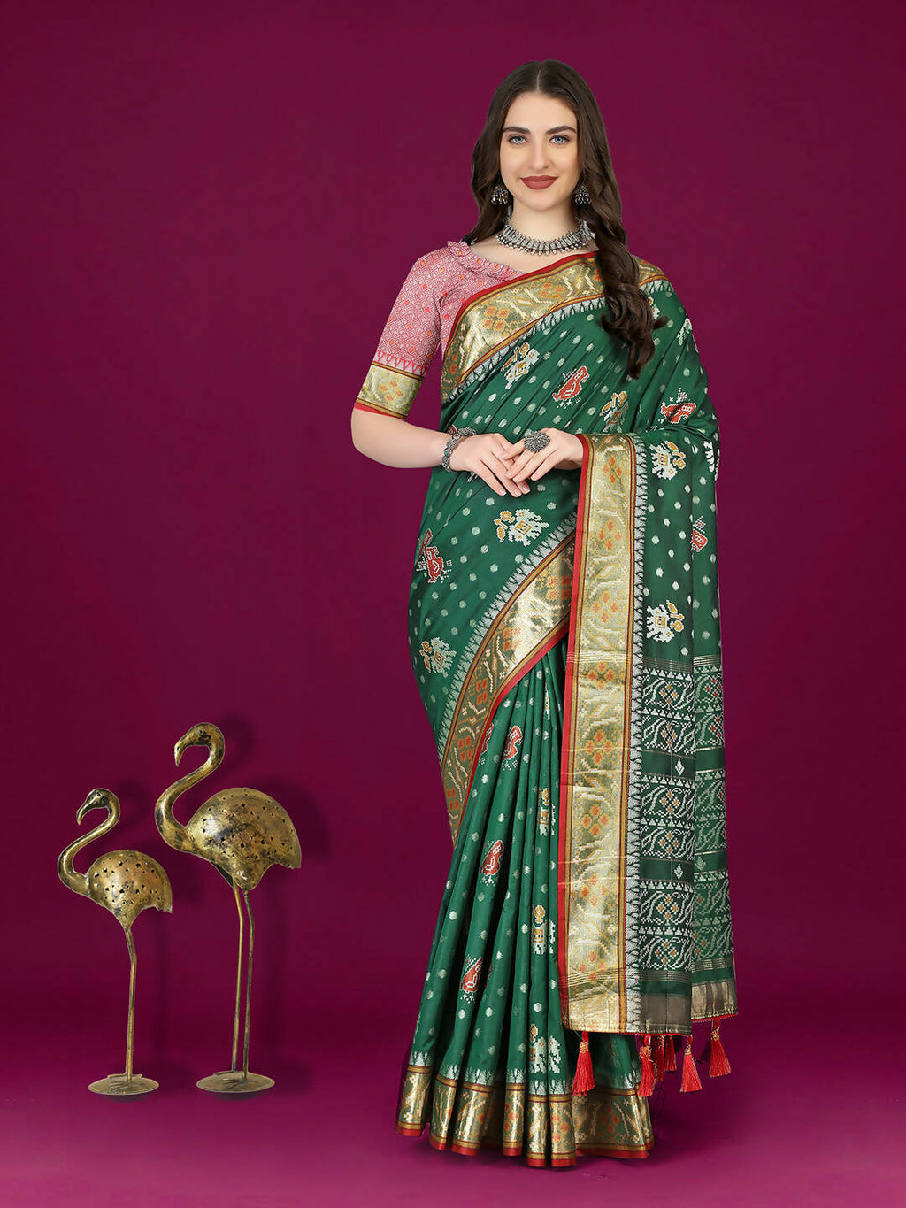 Lorenvalley Fashion Green Patola Silk Woven Design Zari Meenakari Weaving Saree