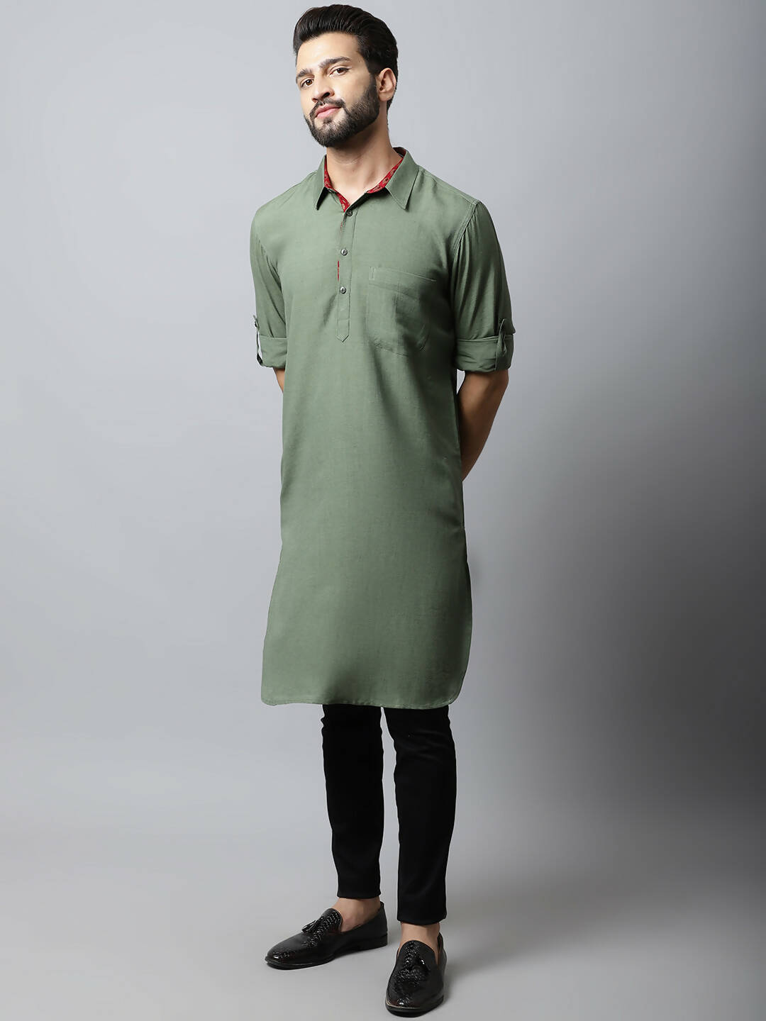 Even Apparels Green Color Linen Solid Men's Kurta With Shirt Collar (LN944) - Distacart