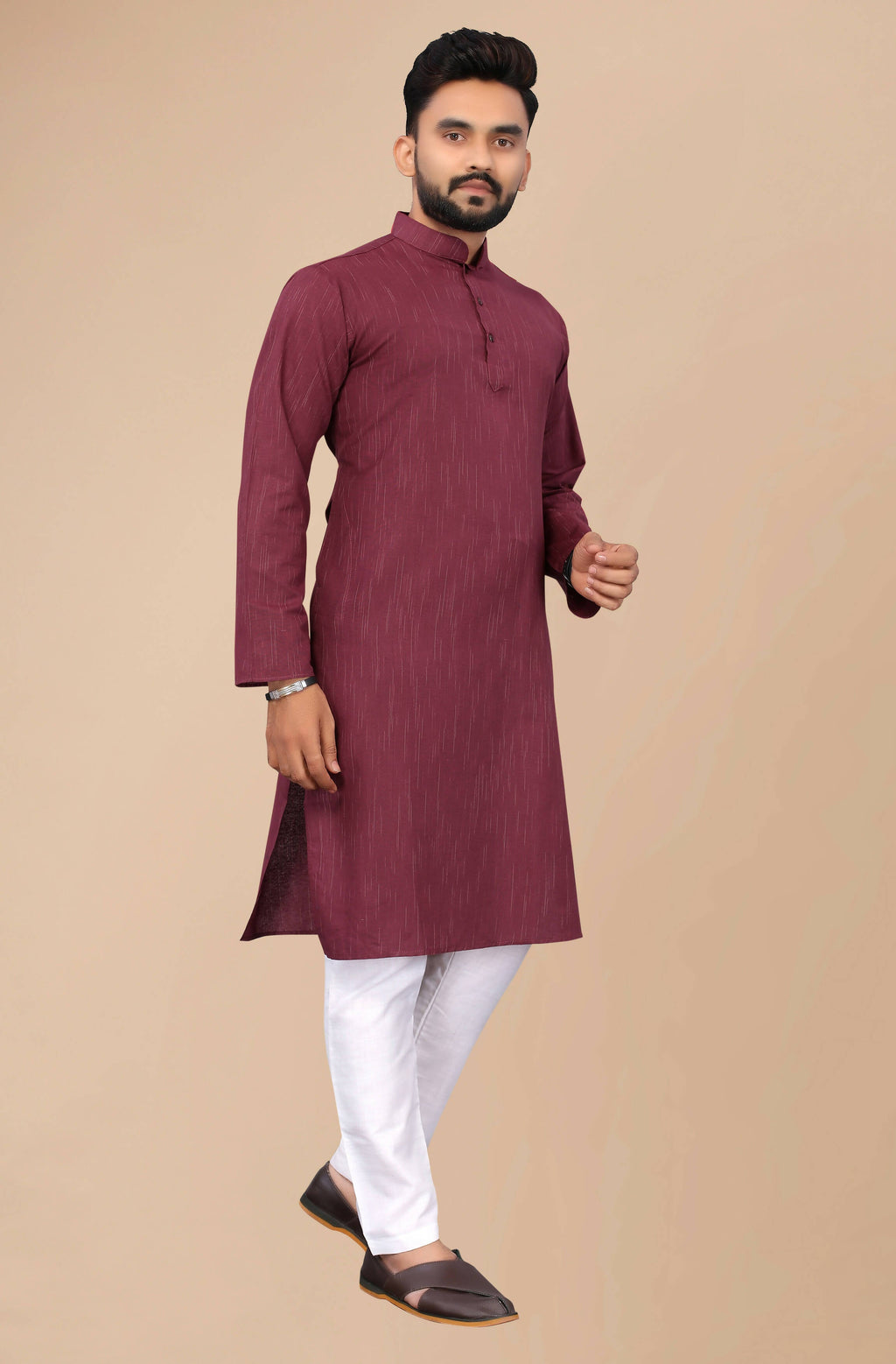 Men's Burgundy Striped Cotton Kurta - Mahotsav