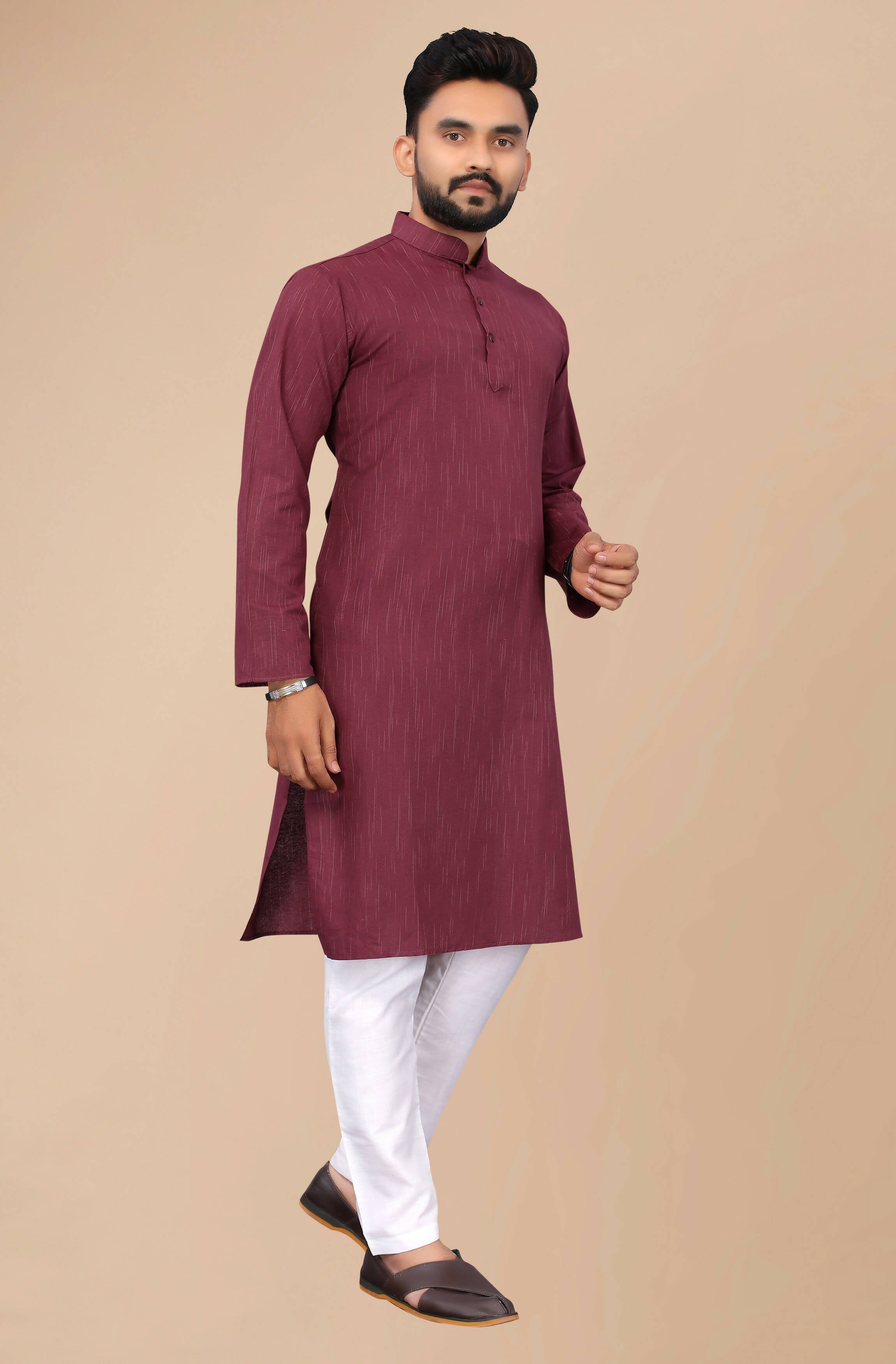 Men's Burgundy Striped Cotton Kurta - Mahotsav