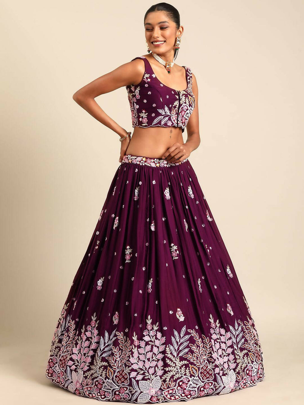 House of Panchhi Burgundy Georgette Sequins and thread embroidery Lehenga choli & Dupatta