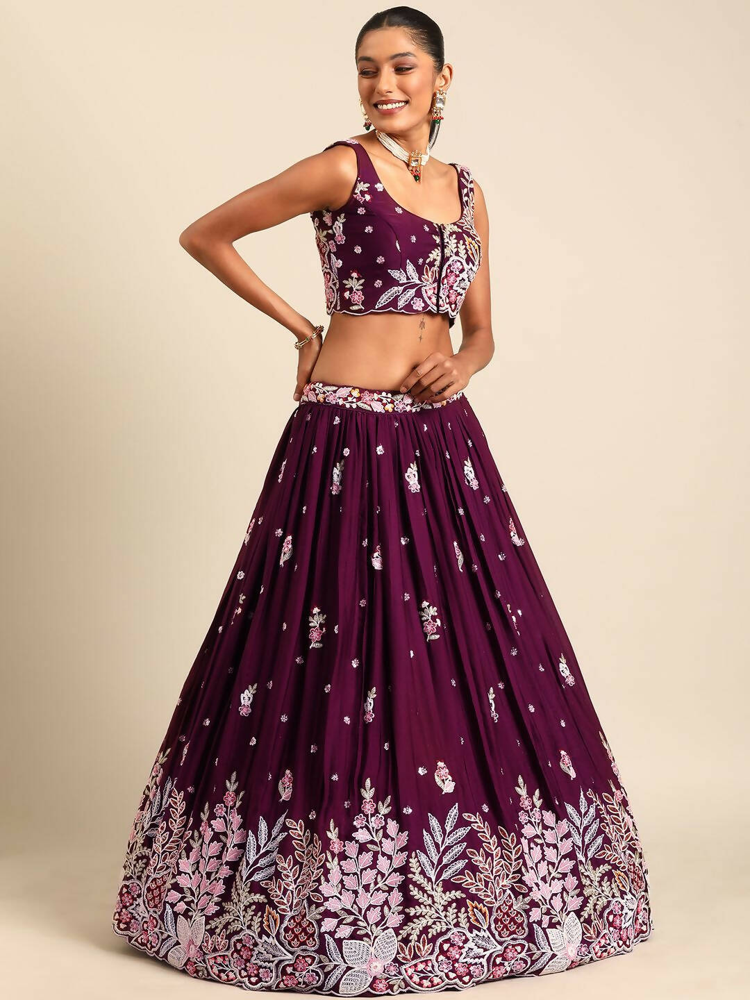 House of Panchhi Burgundy Georgette Sequins and thread embroidery Lehenga choli & Dupatta