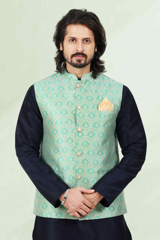 Raivat Ethnic Jacquard Banarasi Silk Woven Work 3 Pics Jacket Set In Pista Green Colour - Distacart