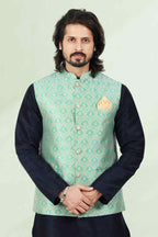 Raivat Ethnic Jacquard Banarasi Silk Woven Work 3 Pics Jacket Set In Pista Green Colour - Distacart