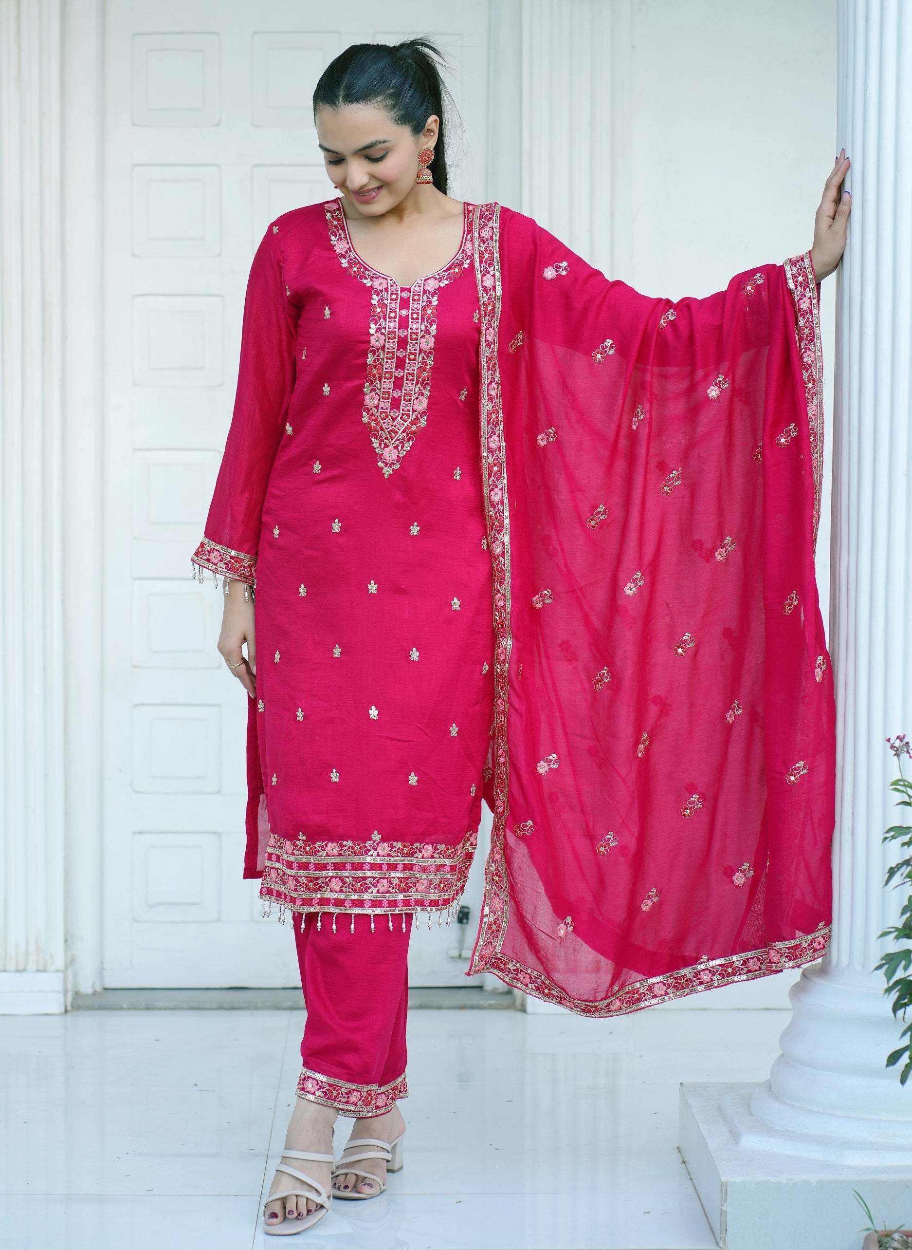 Lehenga Mart Designer Vichitra Suit With Sequence Embroidered Work - Pink