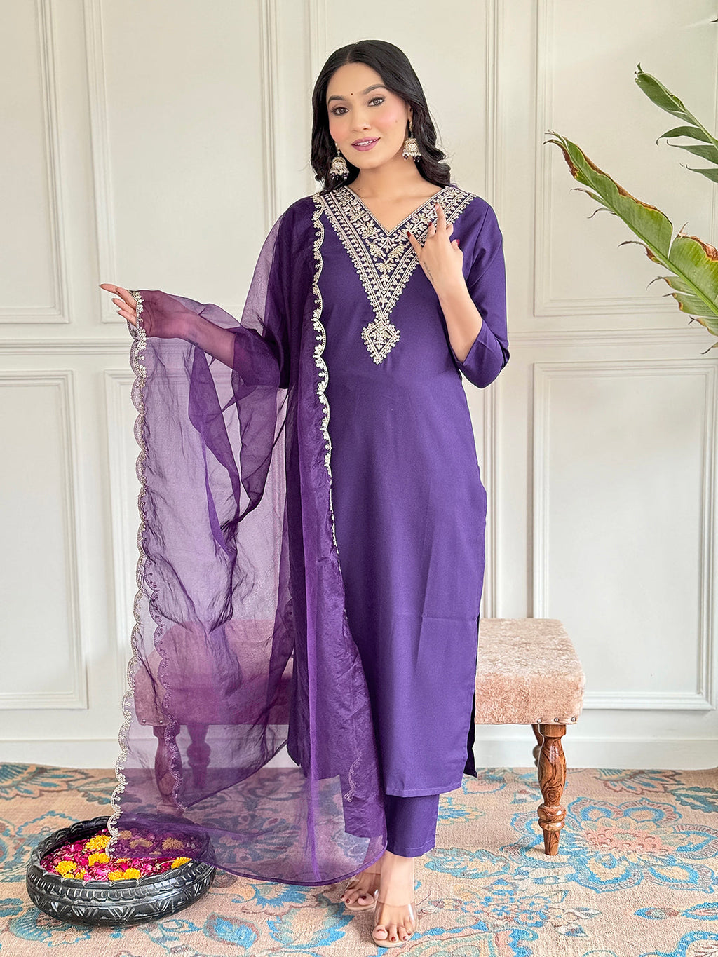 The52 Violet Rayon Slub Fabric Straight Kurta, Pant and Dupatta Set - Distacart
