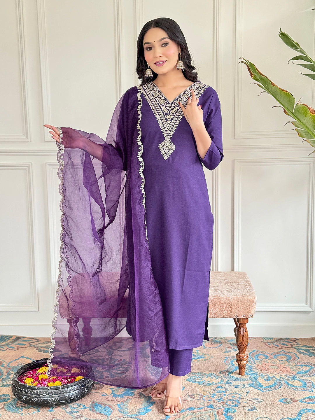 The52 Violet Rayon Slub Fabric Straight Kurta, Pant and Dupatta Set - Distacart
