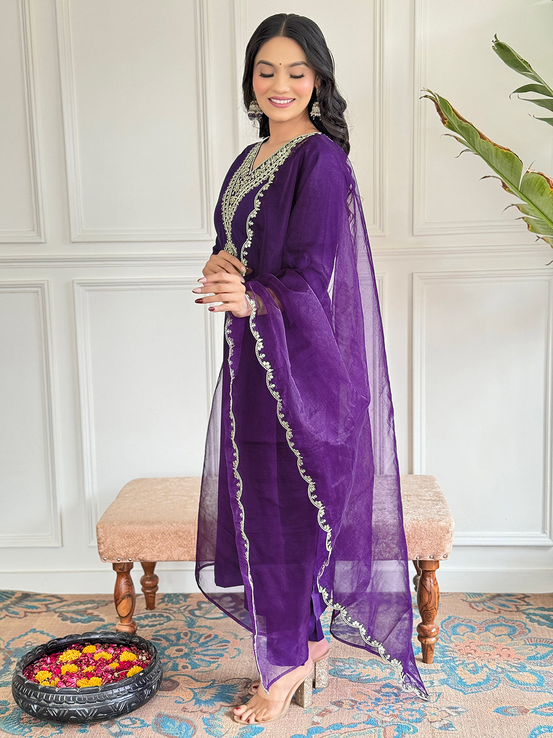 The52 Violet Rayon Slub Fabric Straight Kurta, Pant and Dupatta Set - Distacart