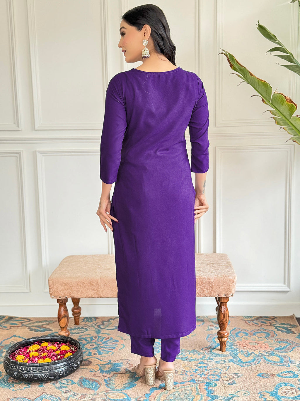 The52 Violet Rayon Slub Fabric Straight Kurta, Pant and Dupatta Set - Distacart