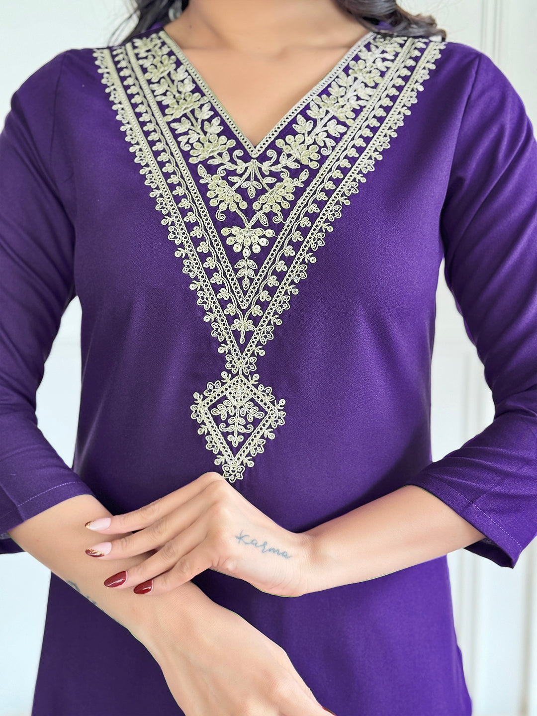 The52 Violet Rayon Slub Fabric Straight Kurta, Pant and Dupatta Set - Distacart