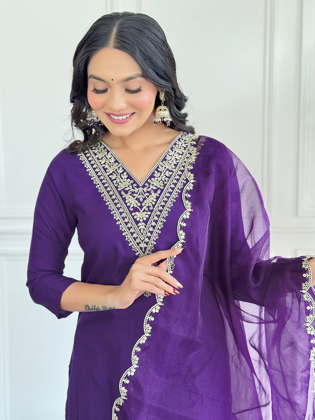 The52 Violet Rayon Slub Fabric Straight Kurta, Pant and Dupatta Set - Distacart