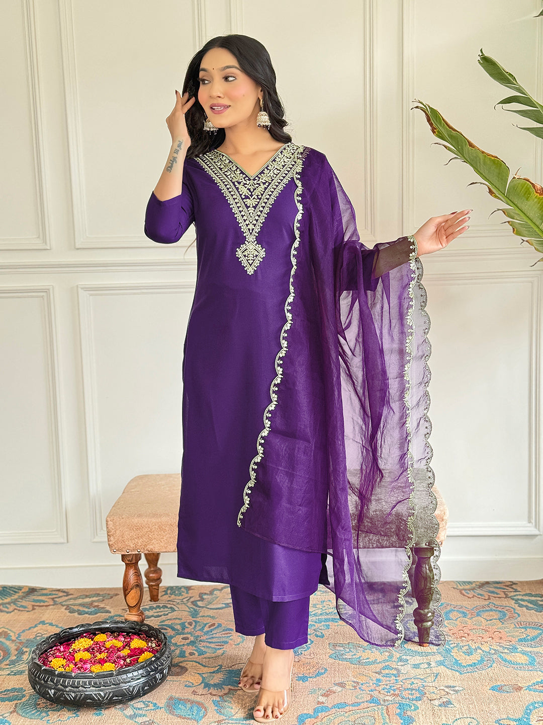 The52 Violet Rayon Slub Fabric Straight Kurta, Pant and Dupatta Set - Distacart