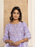 Yufta Violet Floral Print Anarkali Style Kurta And Trousers With Dupatta Set