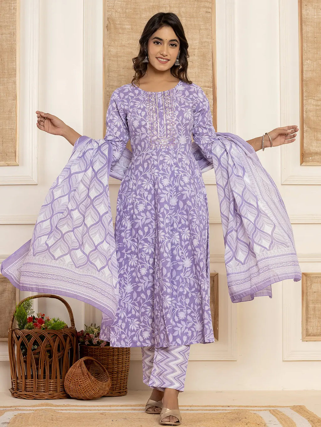 Yufta Violet Floral Print Anarkali Style Kurta And Trousers With Dupatta Set