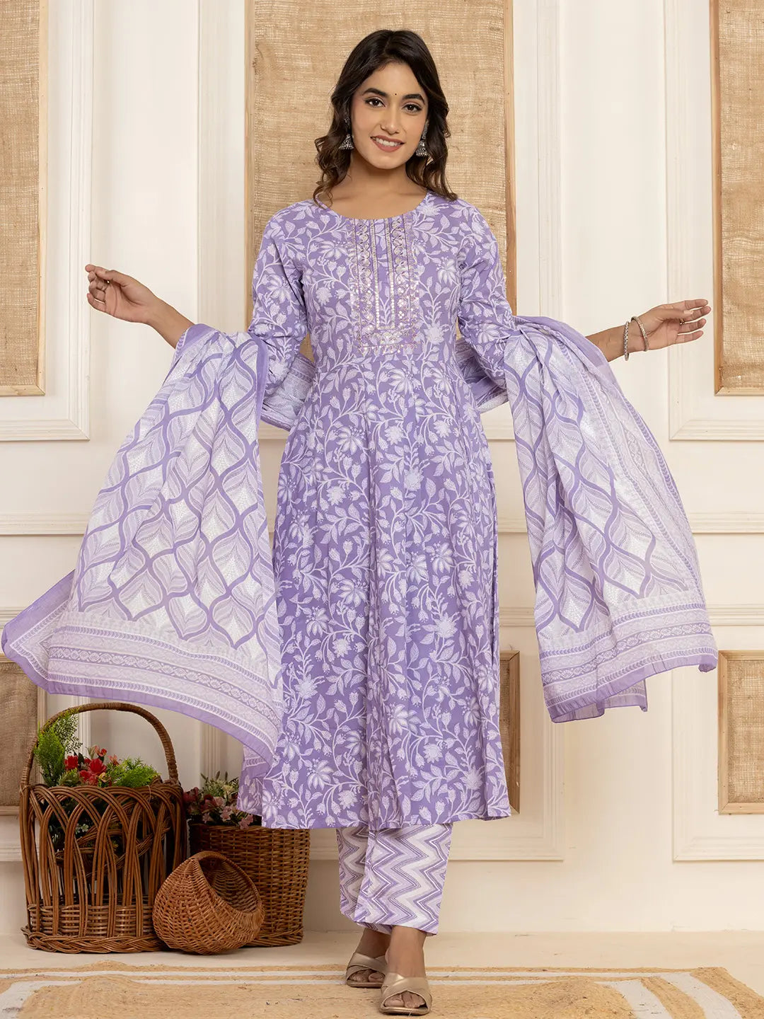 Yufta Violet Floral Print Anarkali Style Kurta And Trousers With Dupatta Set