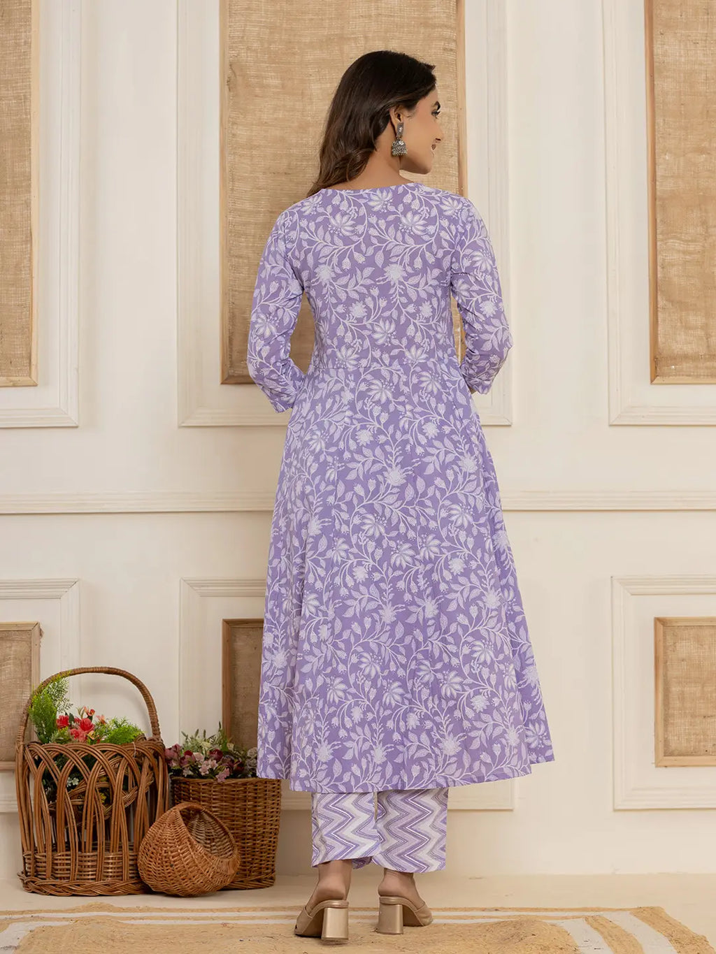 Yufta Violet Floral Print Anarkali Style Kurta And Trousers With Dupatta Set