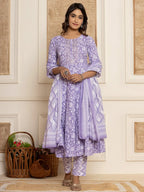 Yufta Violet Floral Print Anarkali Style Kurta And Trousers With Dupatta Set