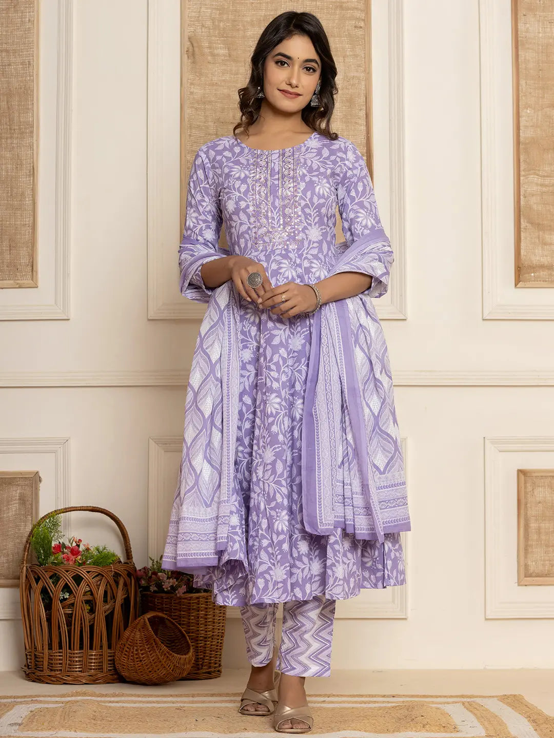 Yufta Violet Floral Print Anarkali Style Kurta And Trousers With Dupatta Set