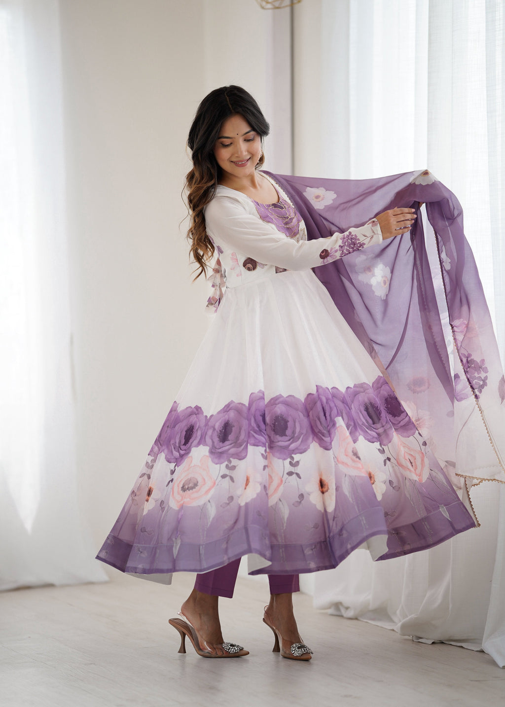 Lorenvalley Fashion Soft Organza Silk Front On Fancy Badla Jari Work Flower Position Print Outing Work Anarkali Kurta Pant With Dupatta Set