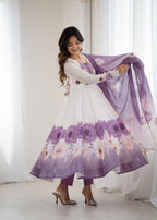 Lorenvalley Fashion Soft Organza Silk Front On Fancy Badla Jari Work Flower Position Print Outing Work Anarkali Kurta Pant With Dupatta Set
