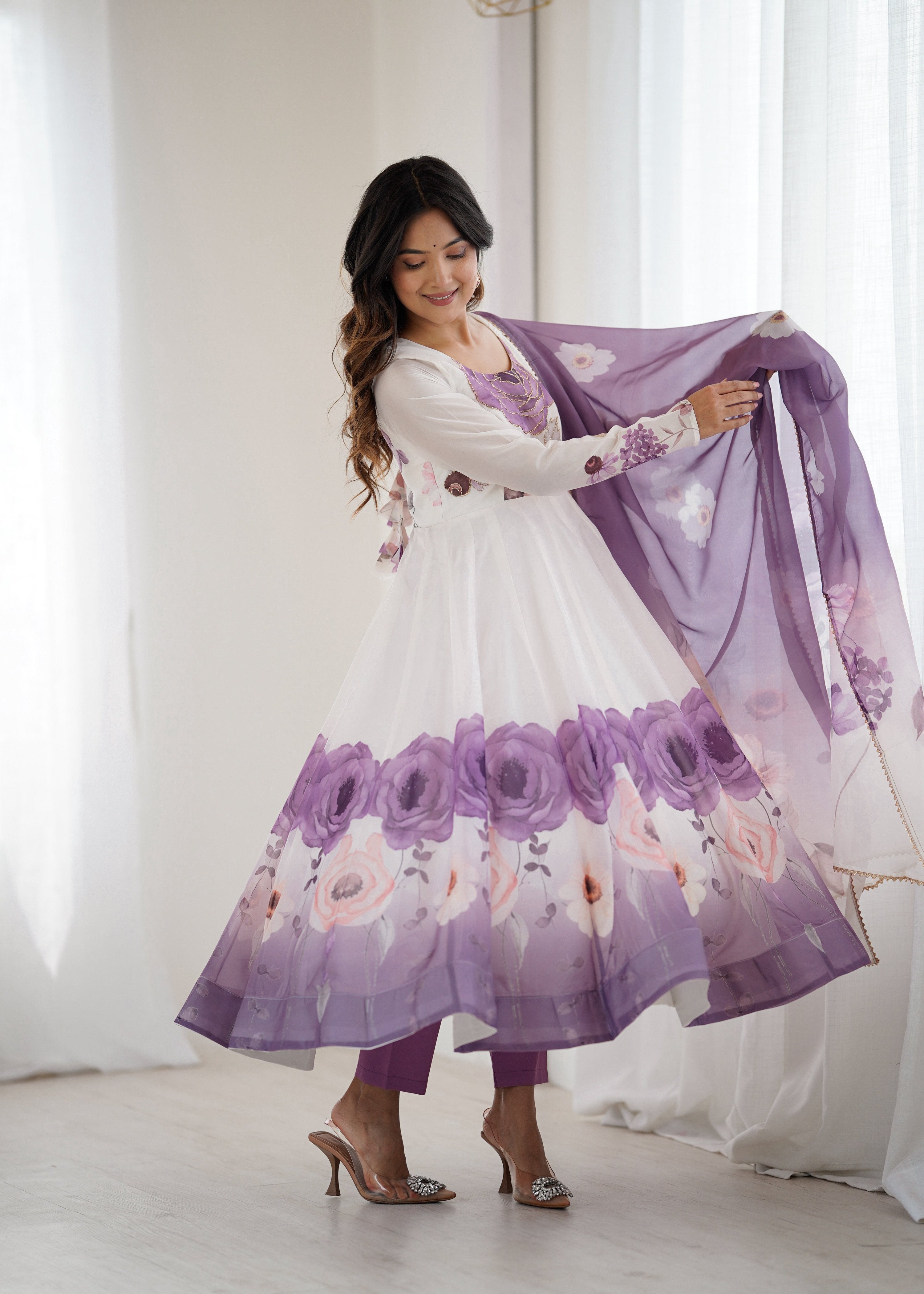 Lorenvalley Fashion Soft Organza Silk Front On Fancy Badla Jari Work Flower Position Print Outing Work Anarkali Kurta Pant With Dupatta Set