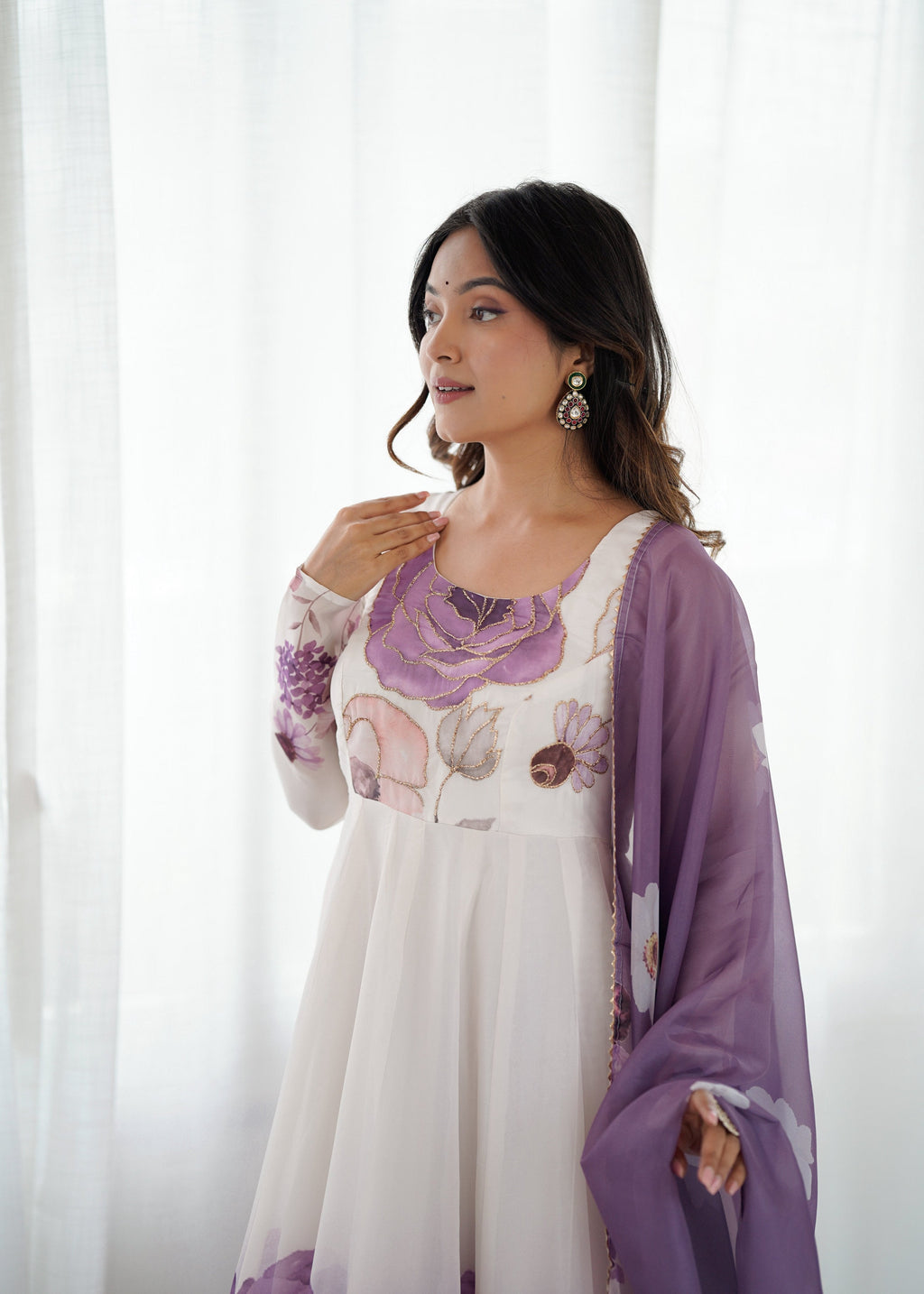 Lorenvalley Fashion Soft Organza Silk Front On Fancy Badla Jari Work Flower Position Print Outing Work Anarkali Kurta Pant With Dupatta Set