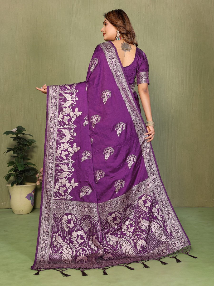 Anaita Violet Zari Butta Work Satin Silk Saree With Blouse - Distacart