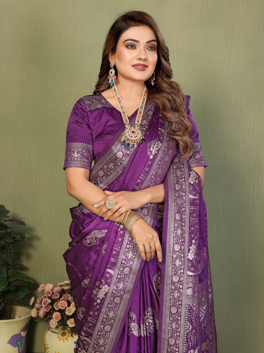 Anaita Violet Zari Butta Work Satin Silk Saree With Blouse - Distacart