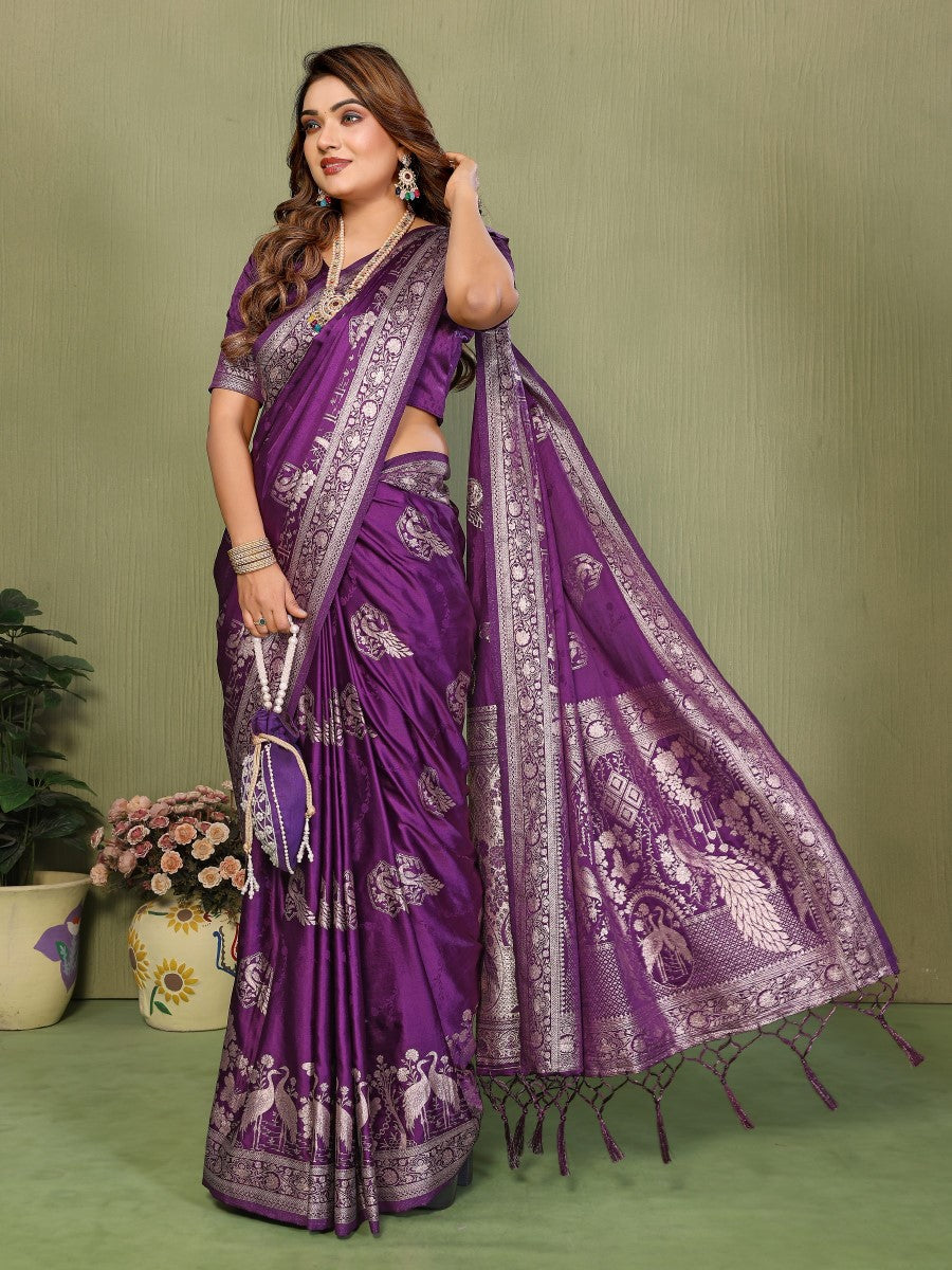 Anaita Violet Zari Butta Work Satin Silk Saree With Blouse - Distacart