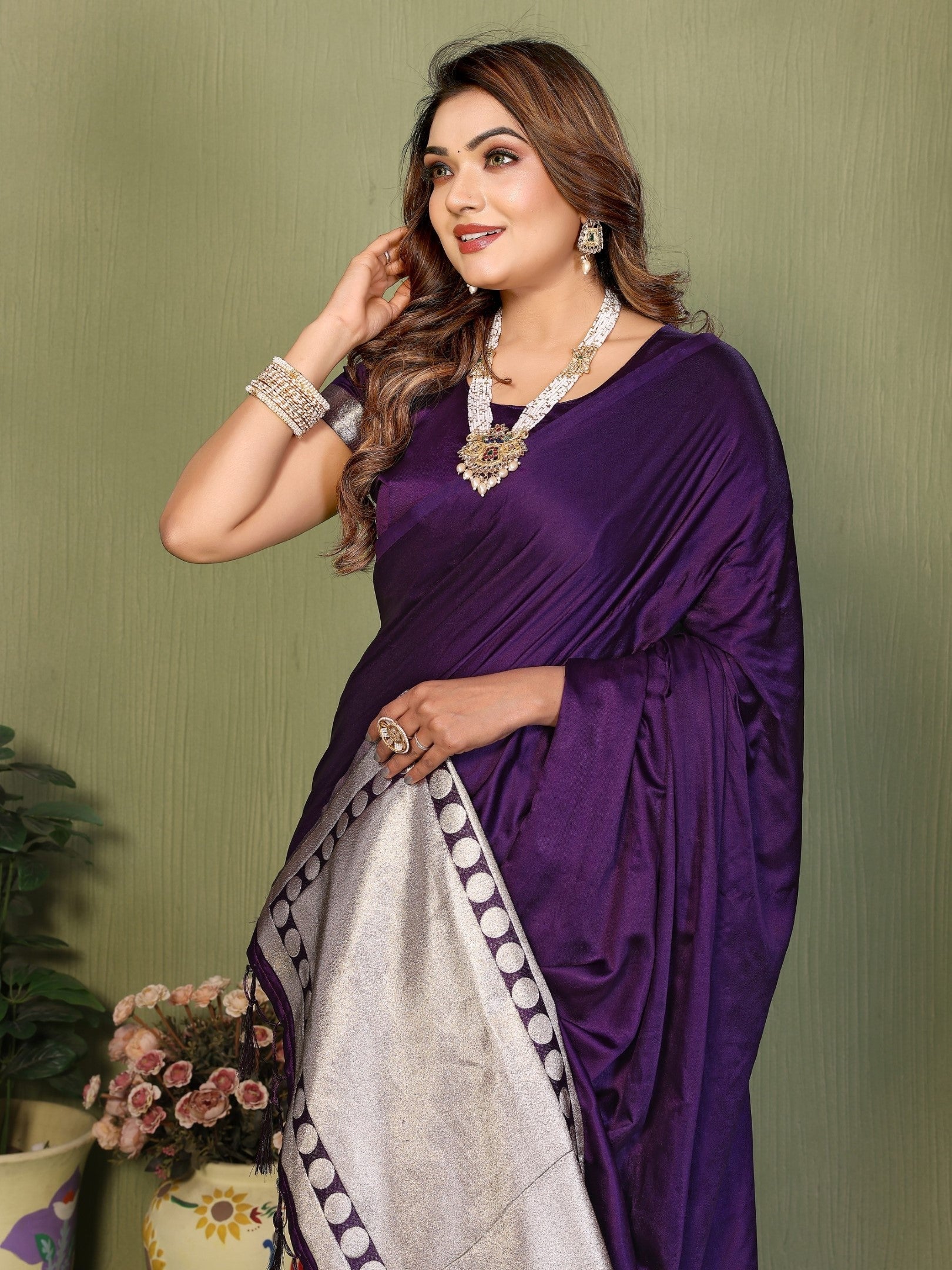 Anaita Violet Zari Weaving Work Satin Silk Saree With Blouse - Distacart