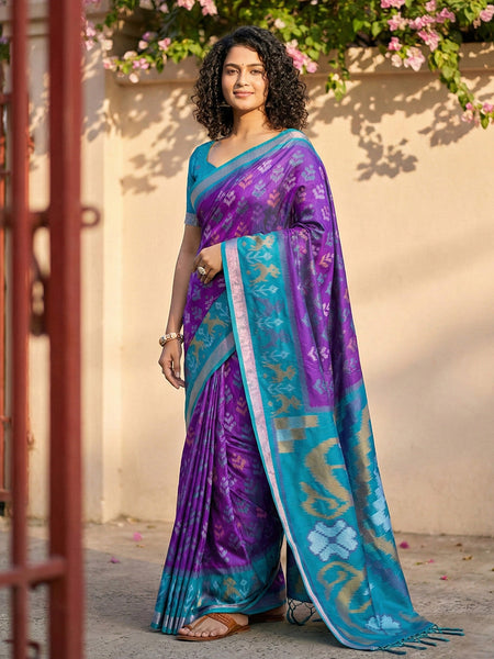 Anaita Violet Pochampally Printed Saree With Blouse