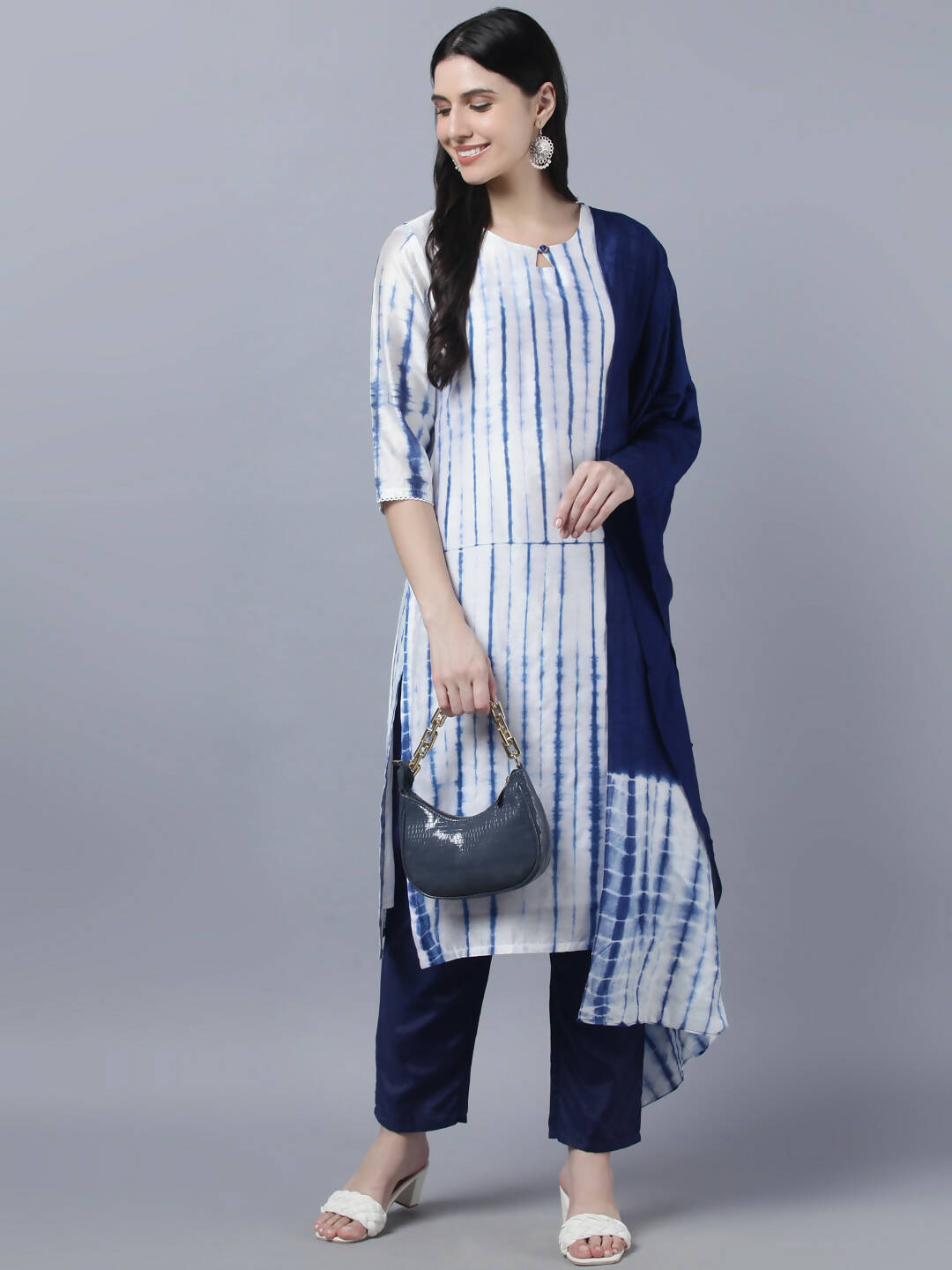 Myshka Women White Blue Tie Dyed Kurta Trousers With Dupatta Set - Distacart